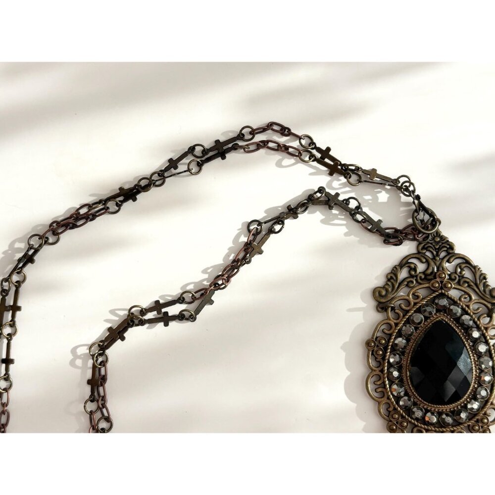 Victorian Inspired Teardrop Shaped Bronzed Faux Filigree Pendant Necklace - 18" - Picture 4 of 14
